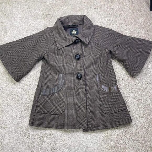 VTG Mackage Brown Tweed Houndstooth Wool Coat Sz M High Collar Button jacket - Picture 5 of 12